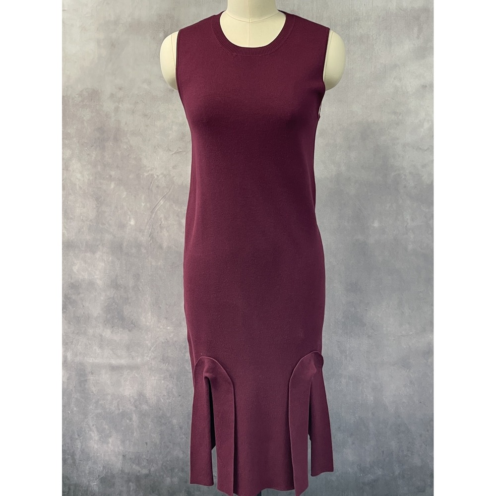 Plains Prints Women Knit Dress Size 4 Burgundy Slit Hem Minimal Scandi Editorial